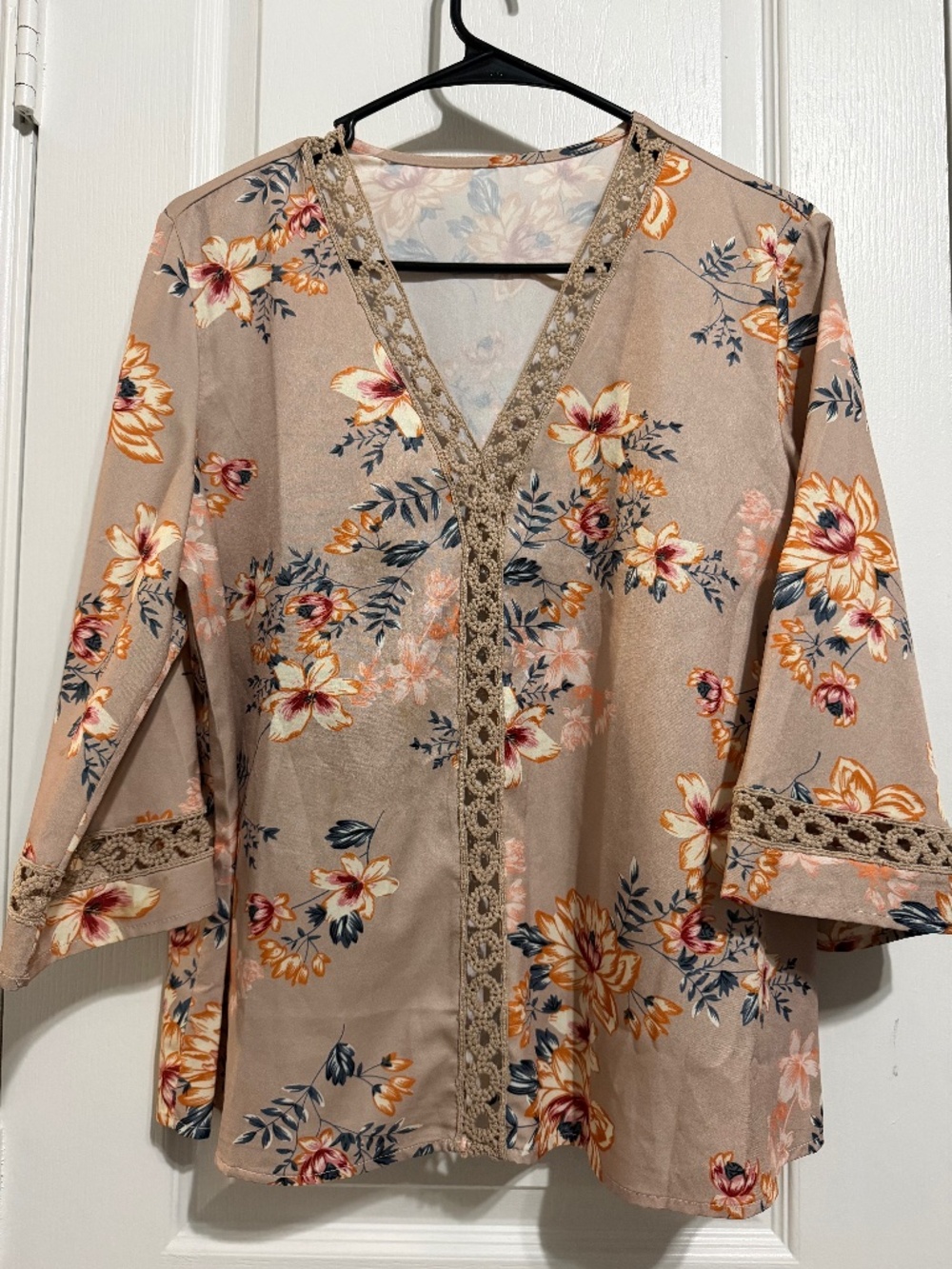 Boho Floral Guipure Lace Trim Blouse Like New